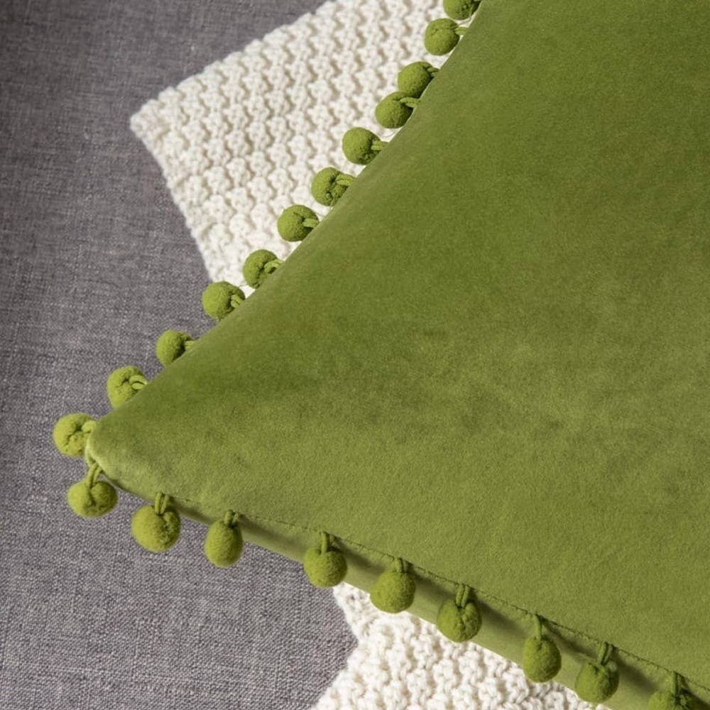 DEZENE Couch Pillow Cases 24x24 Chartreuse: 2 Pack  Soft Pom-Poms Velvet Square - Picture 7 of 9